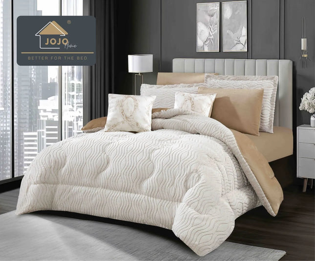 Lenjerie de Pat cu Pilota Inclusa, 2 Fete, Blanita Artificiala de Iepure, Cearsaf cu Elastic, 6 Piese, Pat Dublu - Bej