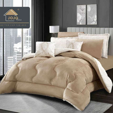 Lenjerie de Pat cu Pilota Inclusa, 2 Fete, Blanita Artificiala de Iepure, Cearsaf cu Elastic, 6 Piese, Pat Dublu - Bej