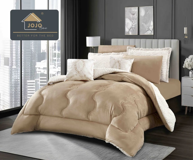 Lenjerie de Pat cu Pilota Inclusa, 2 Fete, Blanita Artificiala de Iepure, Cearsaf cu Elastic, 6 Piese, Pat Dublu - Bej