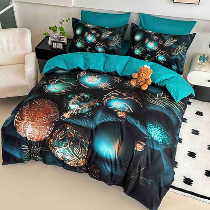 Lenjerie de Pat Bumbac Finet 6 Piese cu Elastic Model 5D Model Crăciun - Globuri Turcoaz si Auriu