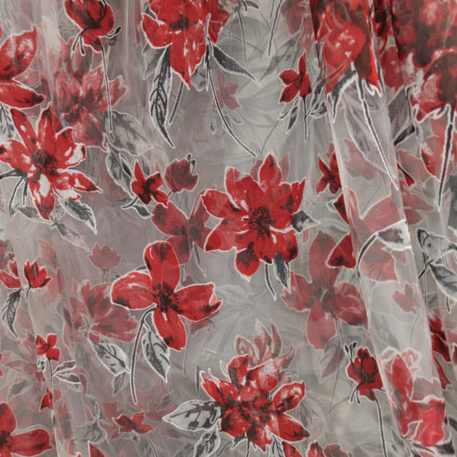 Perdea Organza Imprimata 2,7m x 4m - Gata Cusuta cu Tiv si Rejansa, Model Flori Rosii Cod PO1
