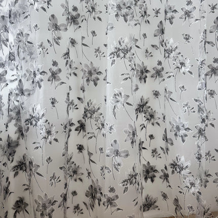 Perdea Organza Imprimata 2,7m x 4m - Gata Cusuta cu Tiv si Rejansa, Model Flori Gri Cod PO3