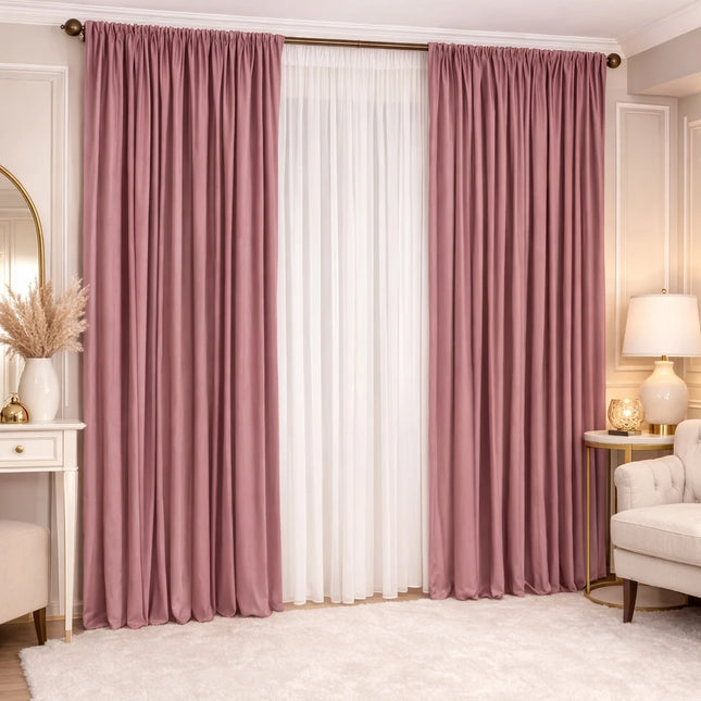 Set 2 Draperii din Catifea 80% Blackout Roz Pudra 2.7m x 3m - Gata Cusuta cu Tiv si Rejansa Cod DB1
