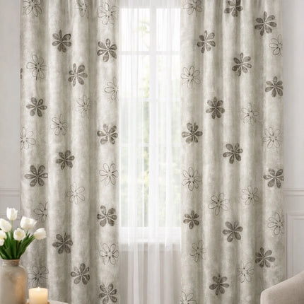 Set 2 Draperii Jacquard Flori Gri Taupe 2.5m x 3m - Gata Cusuta cu Tiv si Rejansa Cod DBM01