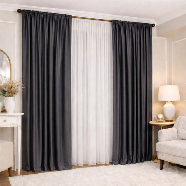 Set 2 Draperii din Catifea 80% Blackout Gri Inchis 2.7m x 3m - Gata Cusuta cu Tiv si Rejansa Cod DB9