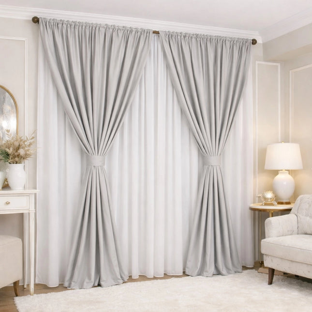 Set 2 Draperii din Catifea 80% Blackout Gri Deschis 2.7m x 3m - Gata Cusuta cu Tiv si Rejansa Cod DB8