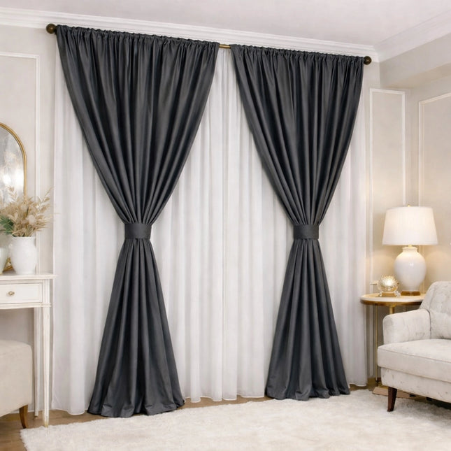 Set 2 Draperii din Catifea 80% Blackout Gri Inchis 2.7m x 3m - Gata Cusuta cu Tiv si Rejansa Cod DB9