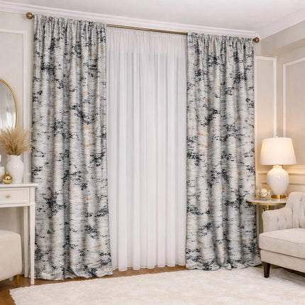 Set Bellagio Grey - Perdea Matase Nobila si Draperie din Catifea cu Insertii 80% Blackout - Gata Cusute cu Tiv si Rejansa Cod SC10