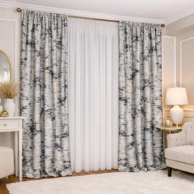 Set Bellagio Grey - Perdea Matase Nobila si Draperie din Catifea cu Insertii 80% Blackout - Gata Cusute cu Tiv si Rejansa Cod SC10