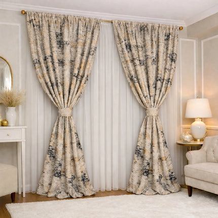 Set Bellagio Sand - Perdea Matase Nobila si Draperie din Catifea cu Insertii 80% Blackout - Gata Cusute cu Tiv si Rejansa Cod SC11