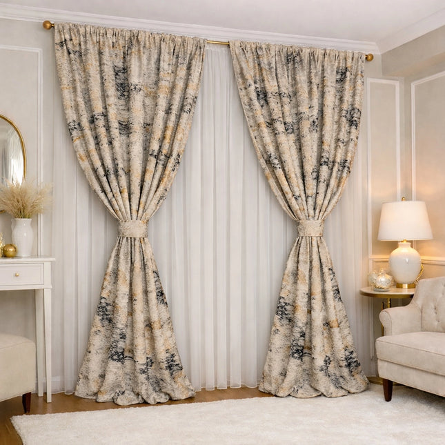 Set Bellagio Sand - Perdea Matase Nobila si Draperie din Catifea cu Insertii 80% Blackout - Gata Cusute cu Tiv si Rejansa Cod SC11
