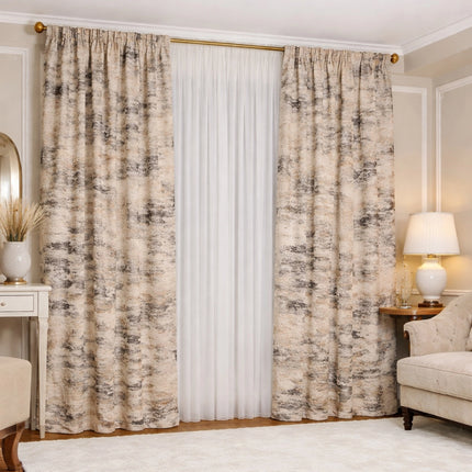 Set Bellagio Sand - Perdea Matase Nobila si Draperie din Catifea cu Insertii 80% Blackout - Gata Cusute cu Tiv si Rejansa Cod SC11