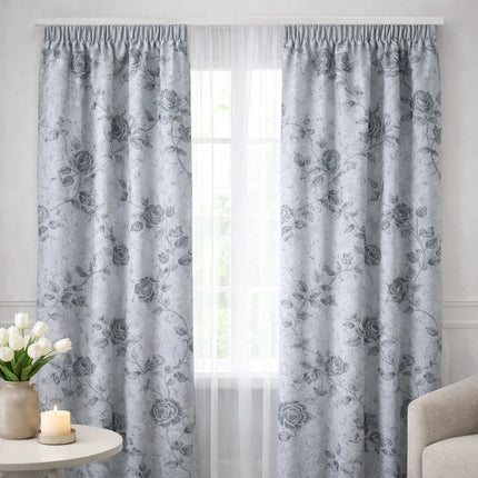Set 2 Draperii Jacquard Model Trandafiri Gri 2.5m inaltime x 3m latime - Gata Cusuta cu Tiv si Rejansa Cod DBM02