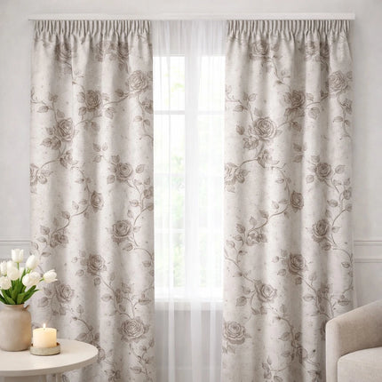 Set 2 Draperii Jacquard Model Trandafiri Bej 2.7m inaltime x 3m latime - Gata Cusuta cu Tiv si Rejansa Cod DBM03
