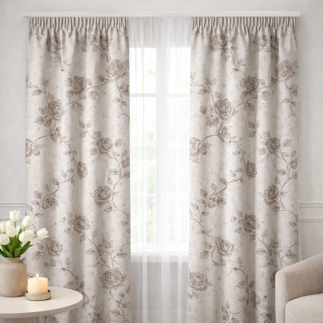 Set 2 Draperii Jacquard Model Trandafiri Bej 2.7m inaltime x 3m latime - Gata Cusuta cu Tiv si Rejansa Cod DBM03