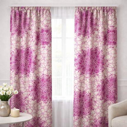 Set 2 Draperii Jacquard Model Ornamental Bej + Fucsia  2.7m inaltime x 3m latime - Gata Cusuta cu Tiv si Rejansa Cod DBM04