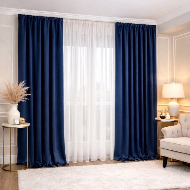Set 2 Draperii din Catifea 80% Blackout Albastru Inchis 2.7m x 3m - Gata Cusuta cu Tiv si Rejansa Cod DB16