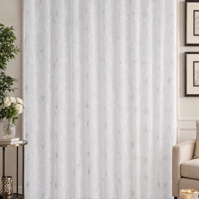 Perdea din In Floria 2.5m inaltime x 3m latime - Gata Cusuta cu Tiv si Rejansa