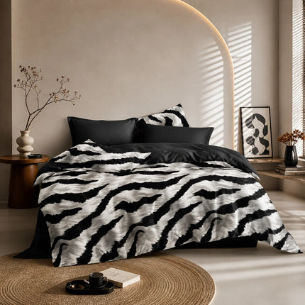 Lenjerie de Pat Dublu Bumbac Finet cu Elastic 6 Piese Model Zebra| Cod CN18