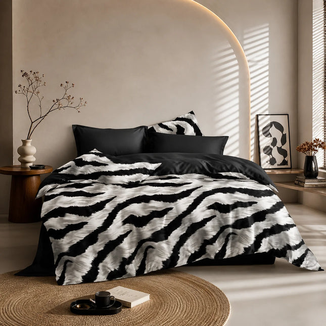 Lenjerie de Pat Dublu Bumbac Finet cu Elastic 6 Piese Model Zebra| Cod CN18