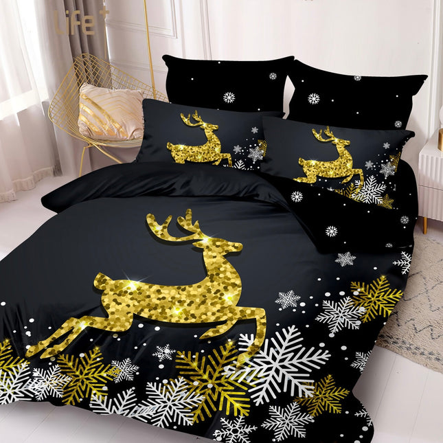 Lenjerie de Pat Dublu,Bumbac Finet 6 Piese cu Elastic,Model Crăciun - Cod ELG7