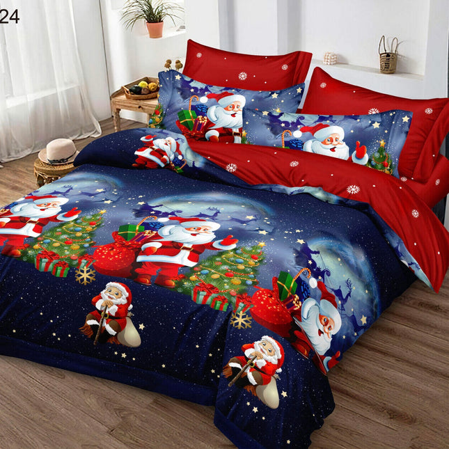 Lenjerie de Pat Dublu,Bumbac Finet 6 Piese cu Elastic,Model Crăciun - Cod ELG6