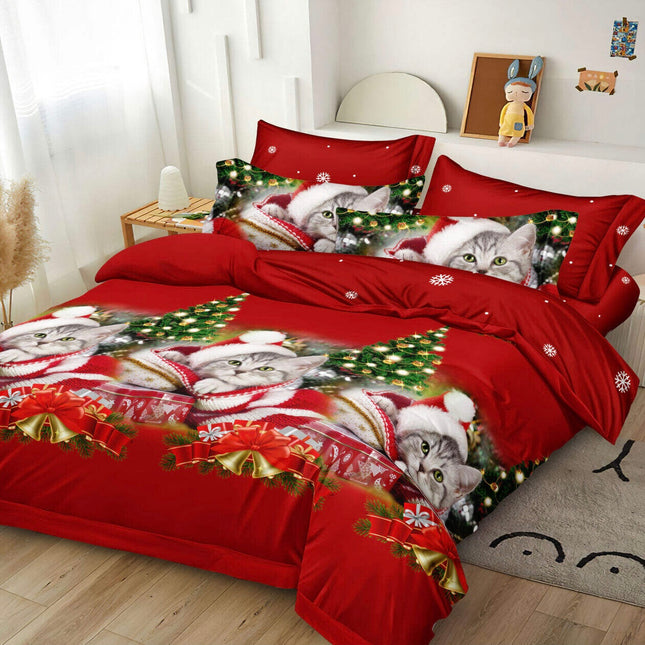 Lenjerie de Pat Dublu,Bumbac Finet 6 Piese cu Elastic,Model Crăciun - Cod ELG2
