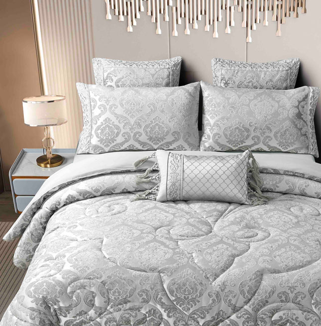 Set Exclusivist Jacquard – Lenjerie 7 Piese cu Pilota Premium si Perna Inclusa - Gri Perlat - Casa Super