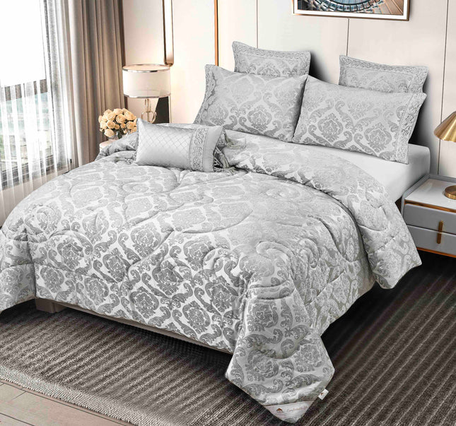 Set Exclusivist Jacquard – Lenjerie 7 Piese cu Pilota Premium si Perna Inclusa - Gri Perlat - Casa Super