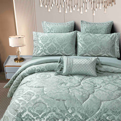 Set Exclusivist Jacquard – Lenjerie 7 Piese cu Pilota Premium si Perna Inclusa - Verde Seren Imperial - Casa Super