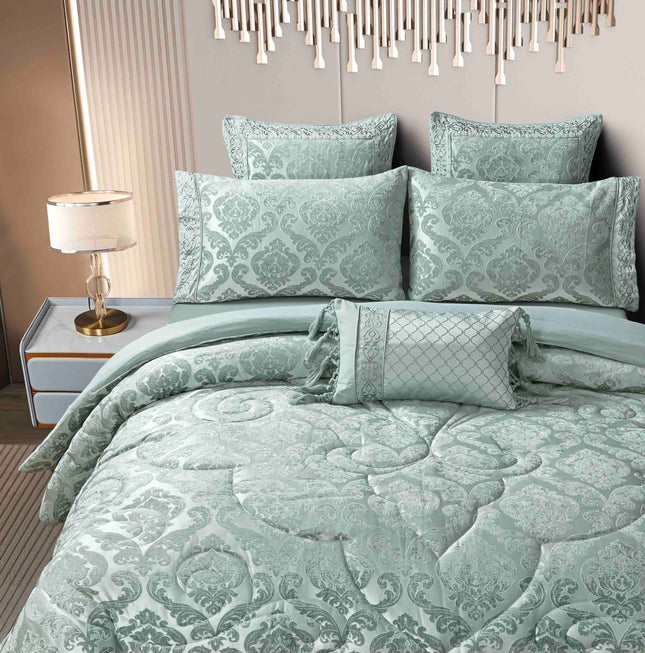 Set Exclusivist Jacquard – Lenjerie 7 Piese cu Pilota Premium si Perna Inclusa - Verde Seren Imperial - Casa Super