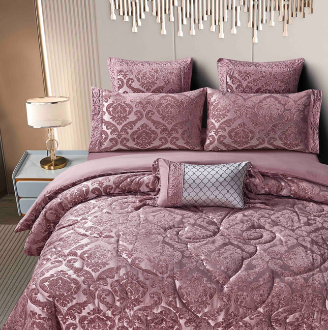Set Exclusivist Jacquard – Lenjerie 7 Piese cu Pilota Premium si Perna Inclusa - Roz Antic Opulent - Casa Super