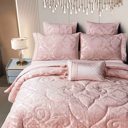 Set Exclusivist Jacquard – Lenjerie 7 Piese cu Pilota Premium si Perna Inclusa -Roz Perlat - Casa Super