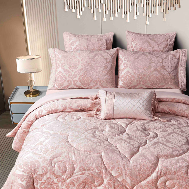 Set Exclusivist Jacquard – Lenjerie 7 Piese cu Pilota Premium si Perna Inclusa -Roz Perlat - Casa Super
