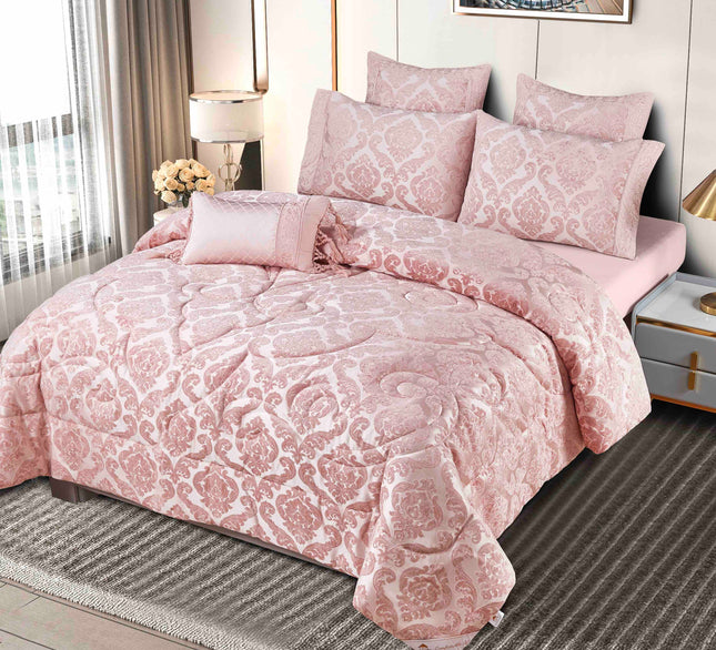 Set Exclusivist Jacquard – Lenjerie 7 Piese cu Pilota Premium si Perna Inclusa -Roz Perlat - Casa Super