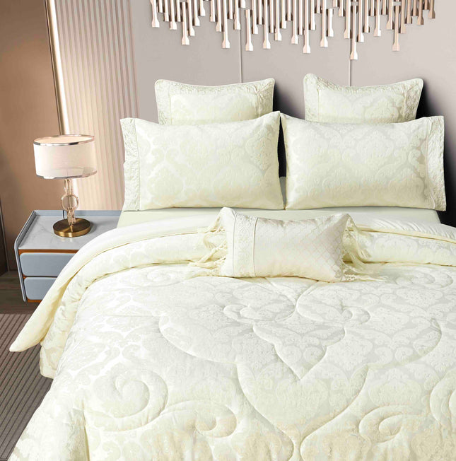 Set Exclusivist Jacquard – Lenjerie 7 Piese cu Pilota Premium si Perna Inclusa - Crem Ivory - Casa Super