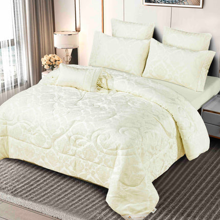 Set Exclusivist Jacquard – Lenjerie 7 Piese cu Pilota Premium si Perna Inclusa - Crem Ivory - Casa Super