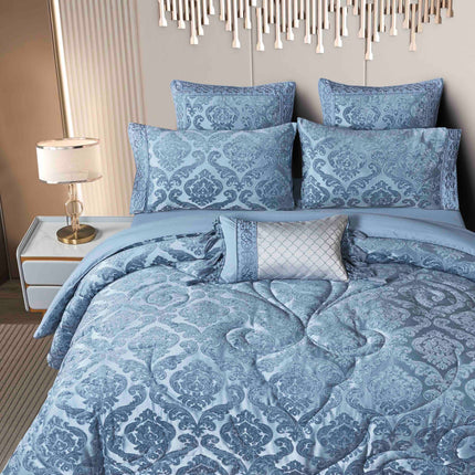 Set Exclusivist Jacquard – Lenjerie 7 Piese cu Pilota Premium si Perna Inclusa - Albastru Regal - Casa Super