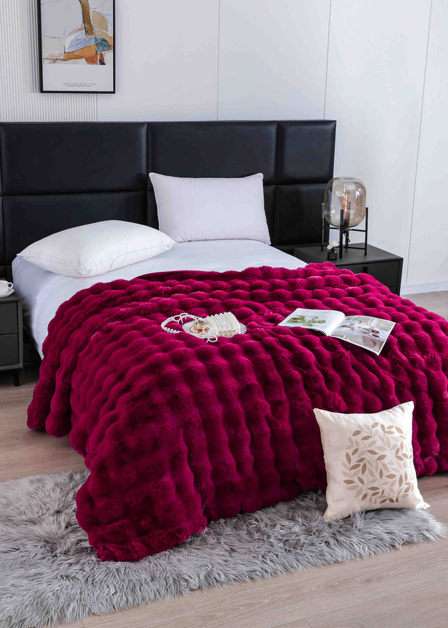 Patura Premium Din Blanita Artificiala de Iepure Cu fermoar 200x230 cm - Bordo Rubin - Casa Super