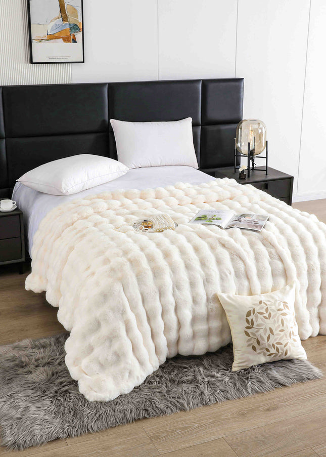 Patura Premium Din Blanita Artificiala de Iepure Cu fermoar 200x230 cm -Crem Perlat - Casa Super