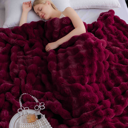 Patura Premium Din Blanita Artificiala de Iepure Cu fermoar 200x230 cm - Bordo Rubin - Casa Super