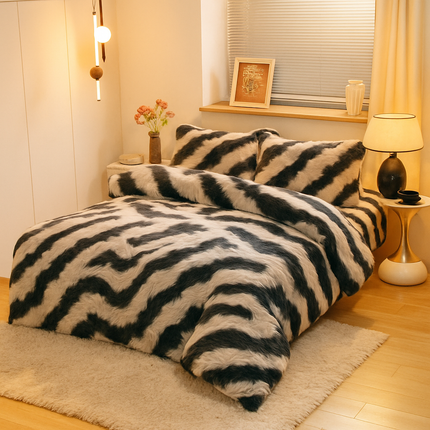 Lenjerii de Pat Dublu Cocolino Pufoasa ,Animal Print Zebra- 4 Piese