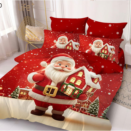 Lenjerie de Pat Dublu,Bumbac Finet 6 Piese cu Elastic,Model Crăciun - Cod ELG10