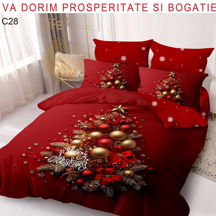 Lenjerie de Pat Dublu,Bumbac Finet 6 Piese cu Elastic,Model Crăciun - Cod ELG9