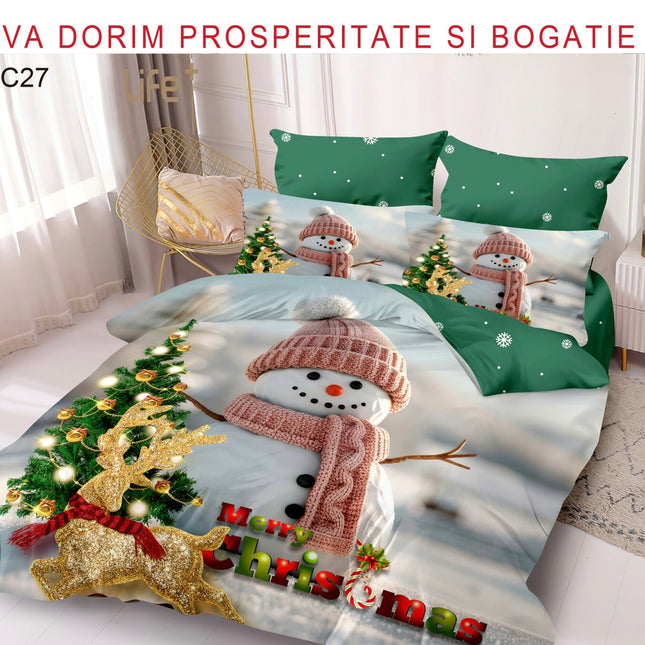 Lenjerie de Pat Dublu,Bumbac Finet 6 Piese cu Elastic,Model Crăciun - Cod ELG8