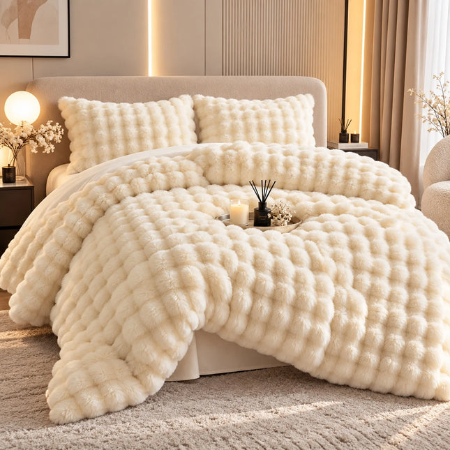 Lenjerie Premium Pentru Pat Dublu Blanita de Iepure 4 Piese | Crem