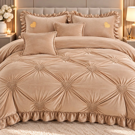 Lenjerie de Pat din Catifea Premium 6 Piese – Pat Dublu | Bej