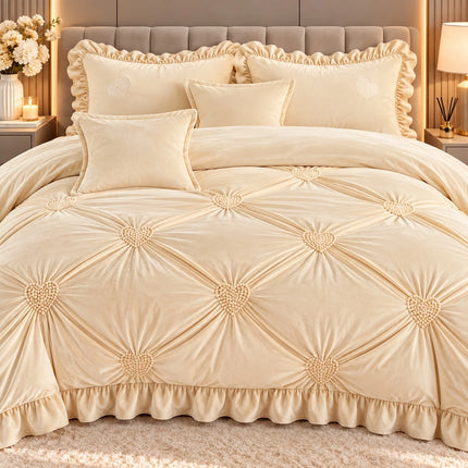 Lenjerie de Pat din Catifea Premium 6 Piese – Pat Dublu | Crem