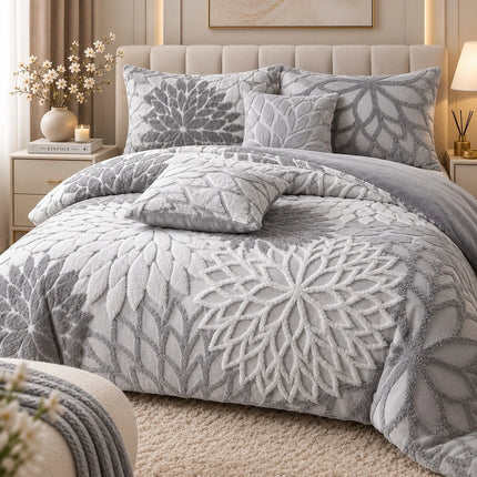 Lenjerie de Pat Cocolino Floria 6 Piese – Flori in Relief, Cearsaf cu Elastic | Gri Deschis