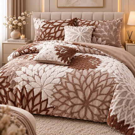 Lenjerie de Pat Cocolino Floria 6 Piese – Flori in Relief, Cearsaf cu Elastic | Maro